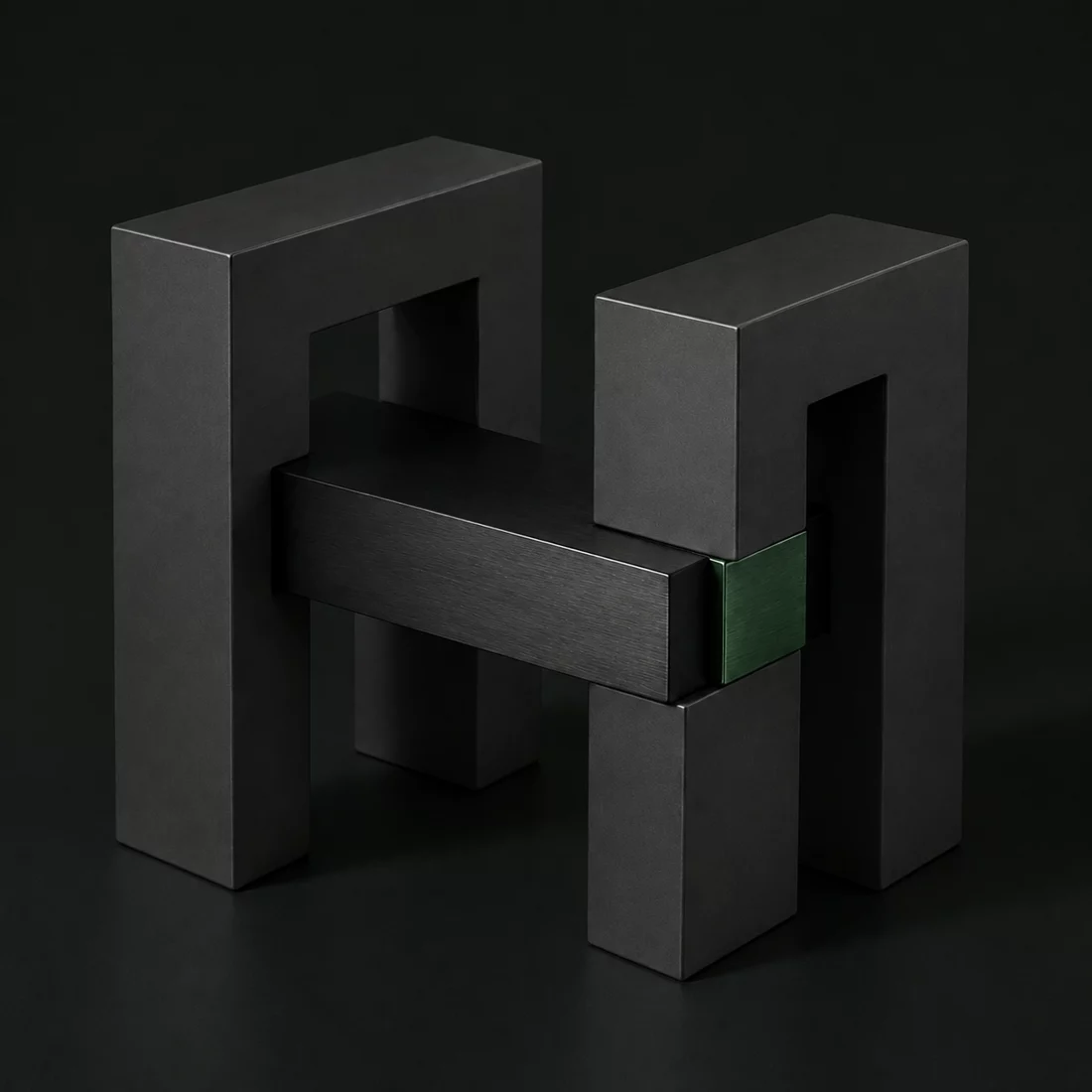 Graphite architectural structures joined by a green connection, representing independent products built on shared rules.