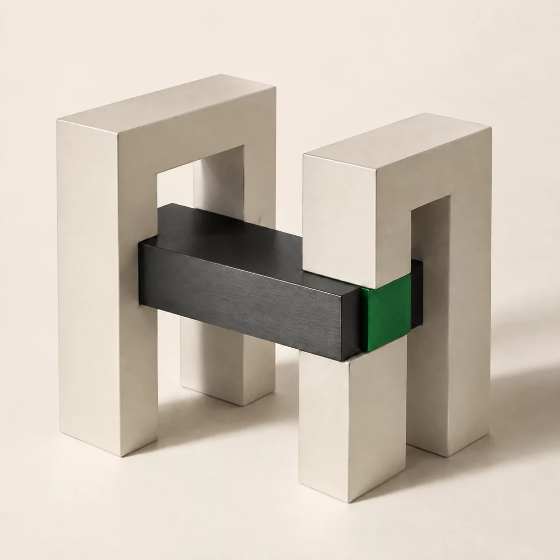 Ivory architectural structures joined by a graphite beam and a green connection, representing independent products built on shared rules.